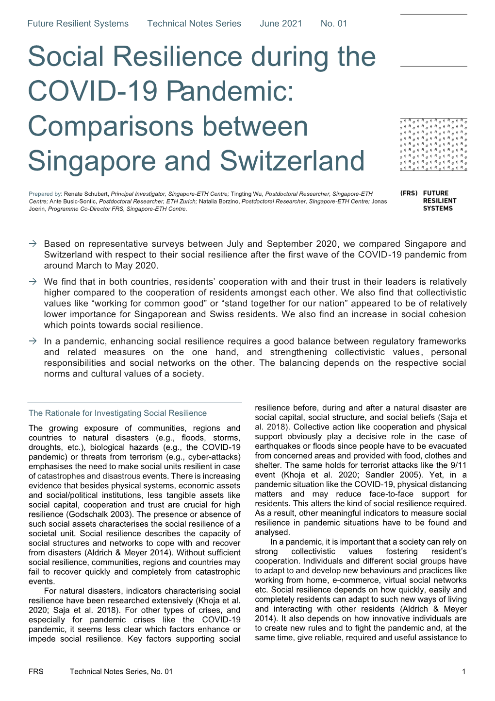 Social Resilience During the COVID-19 Pandemic: Comparisons Between Singapore and Switzerland (Title on Max. 4 Lines)