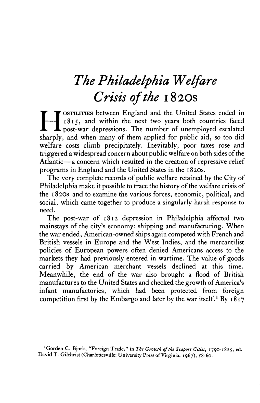 The Philadelphia Welfare Crisis of the 1820S