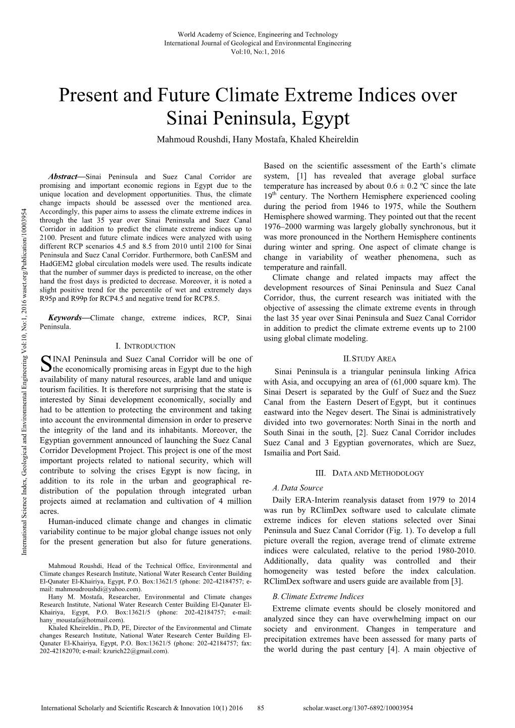 Present and Future Climate Extreme Indices Over Sinai Peninsula, Egypt Mahmoud Roushdi, Hany Mostafa, Khaled Kheireldin