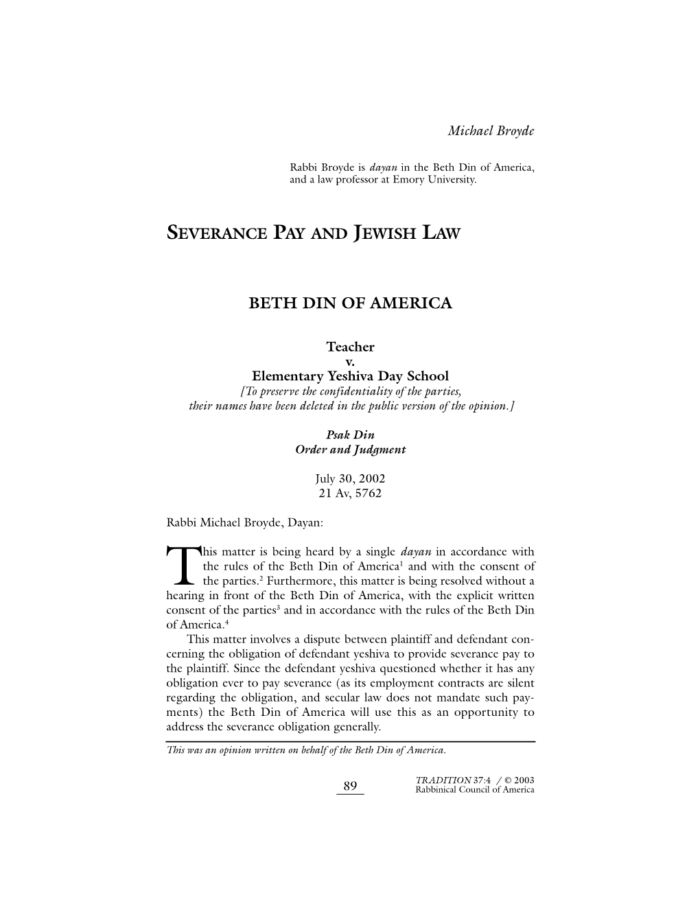 Severence Pay and Jewish