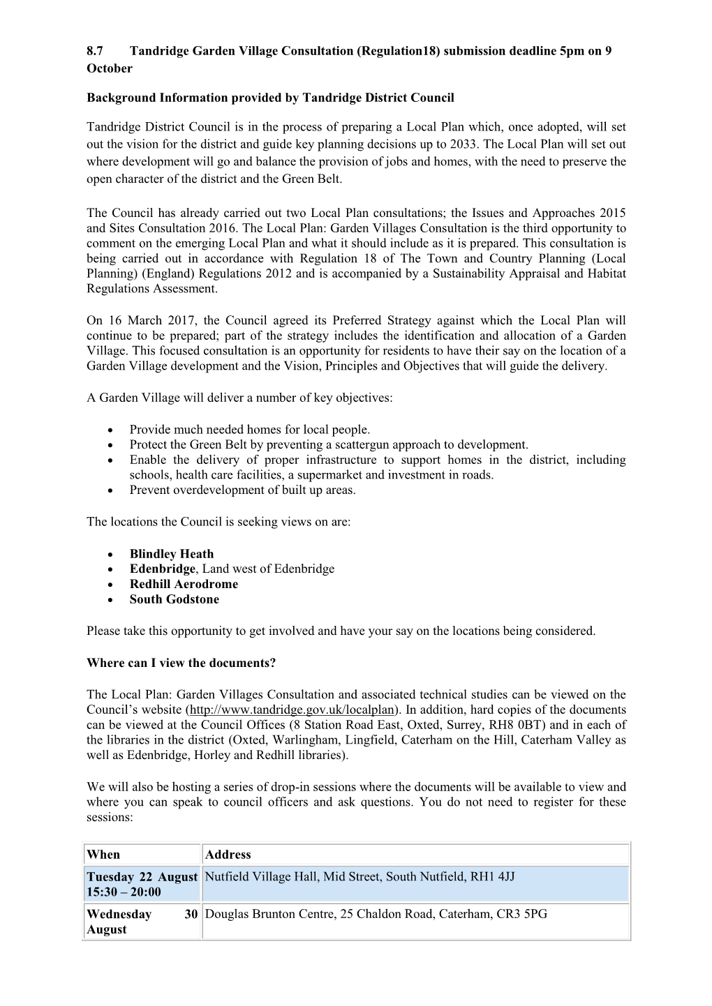 8.7 Tandridge Garden Village Consultation (Regulation18) Submission Deadline 5Pm on 9 October