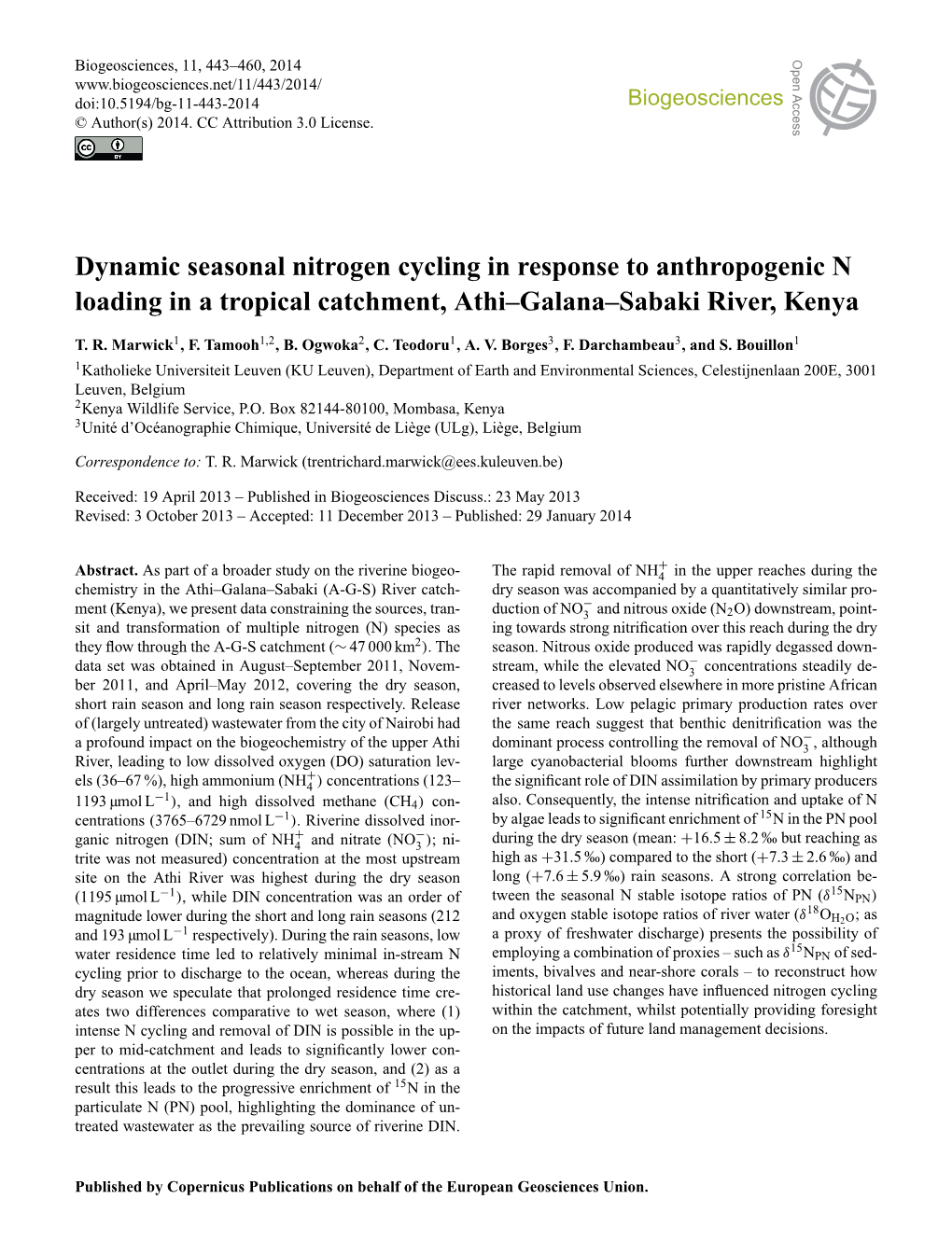 Dynamic Seasonal Nitrogen Cycling in Response to Anthropogenic N Loading in a Tropical Catchment, Athi–Galana–Sabaki River, Kenya