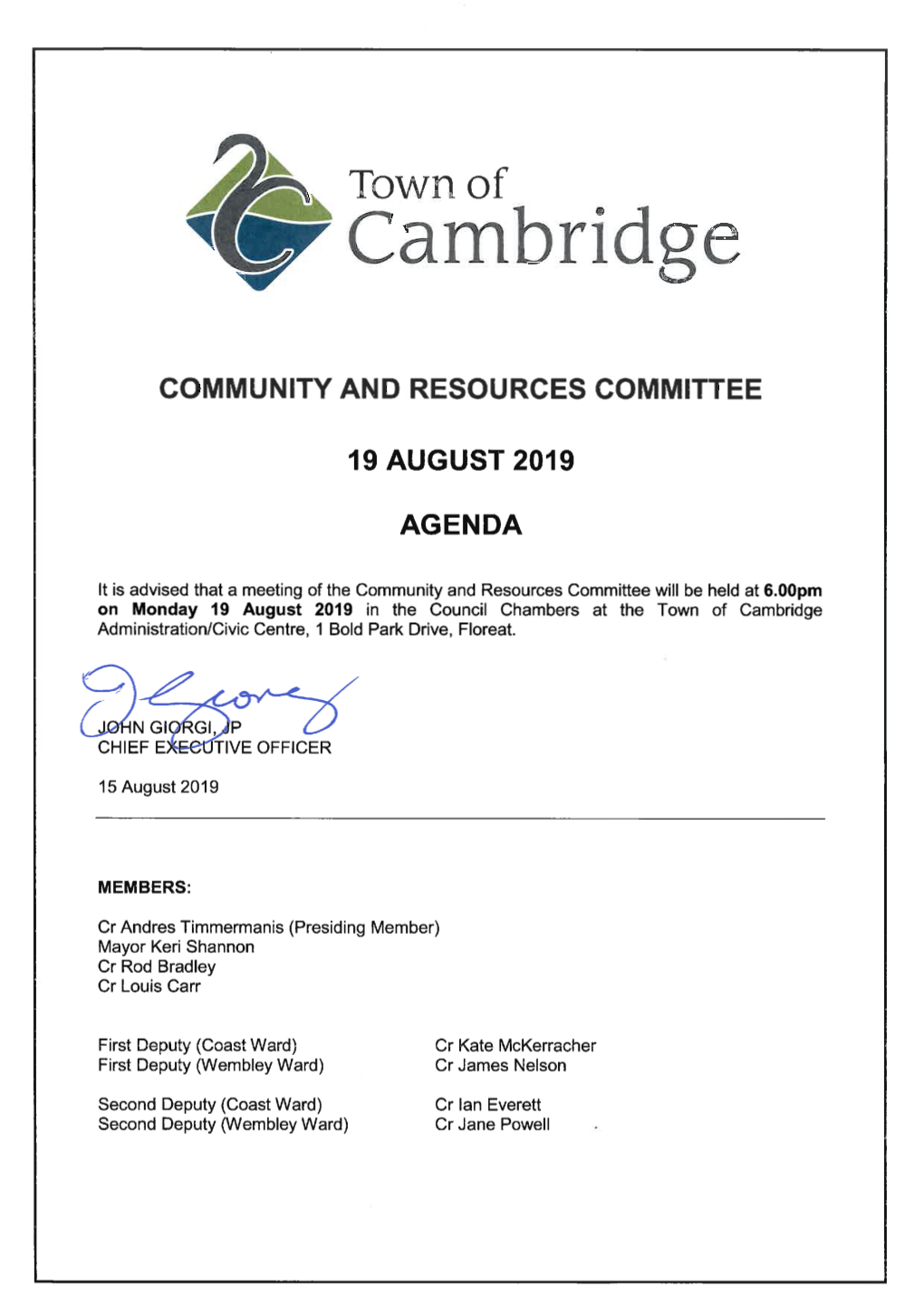 Agenda Community and Resources Committee 19 August 2019