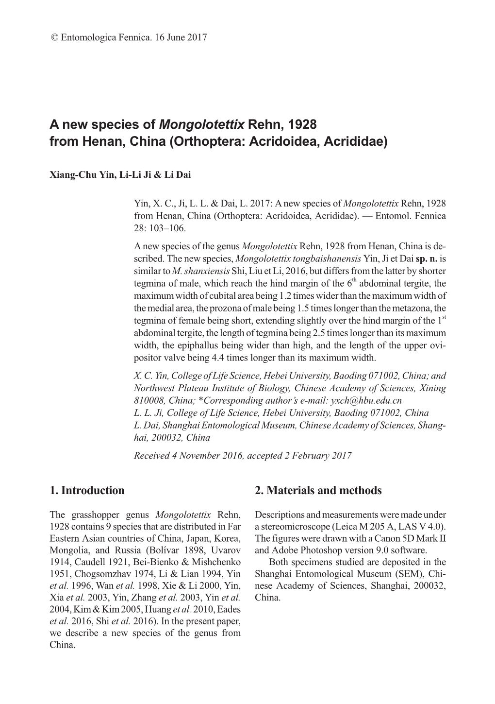 A New Species of Mongolotettix Rehn, 1928 from Henan, China (Orthoptera: Acridoidea, Acrididae)