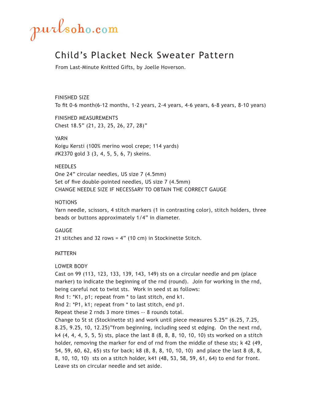 Child's Placket Neck Sweater Pattern