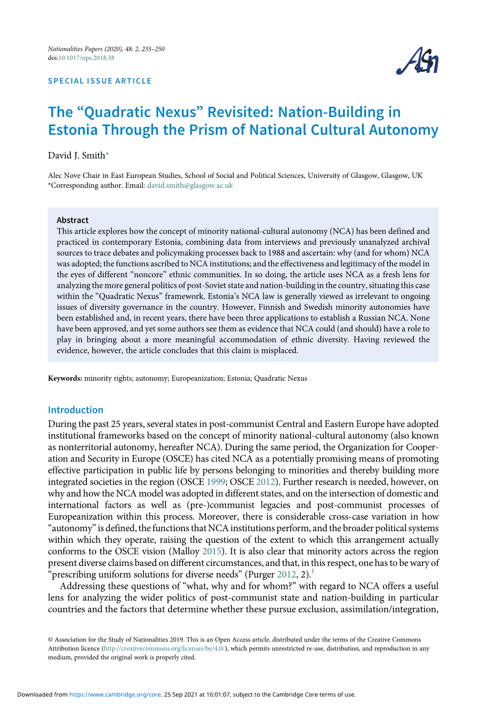 The “Quadratic Nexus” Revisited: Nation-Building in Estonia Through the Prism of National Cultural Autonomy