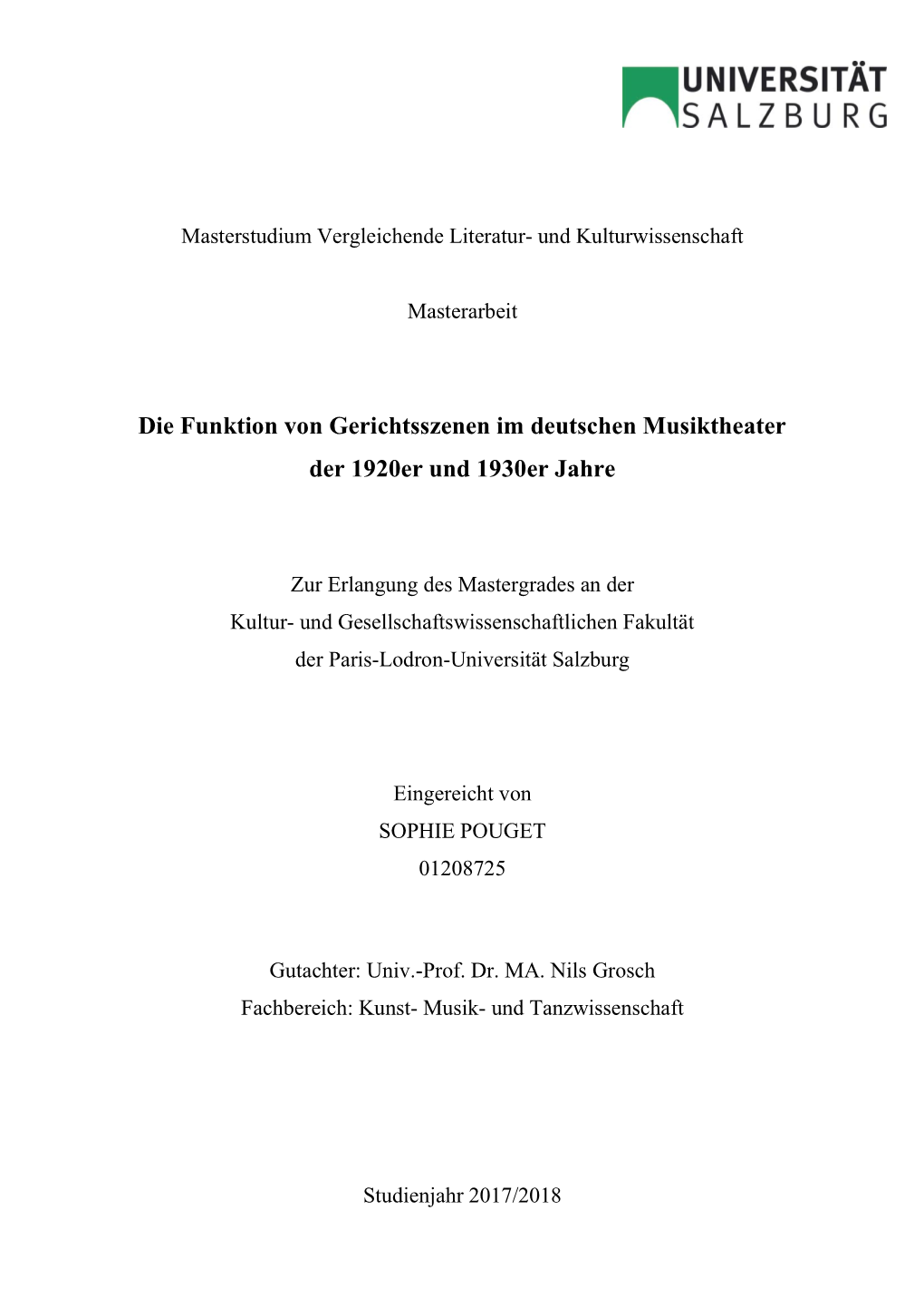 Die Funktion Von Gerichtsszenen Im Deutschen Musiktheater Der 1920Er Und 1930Er Jahre