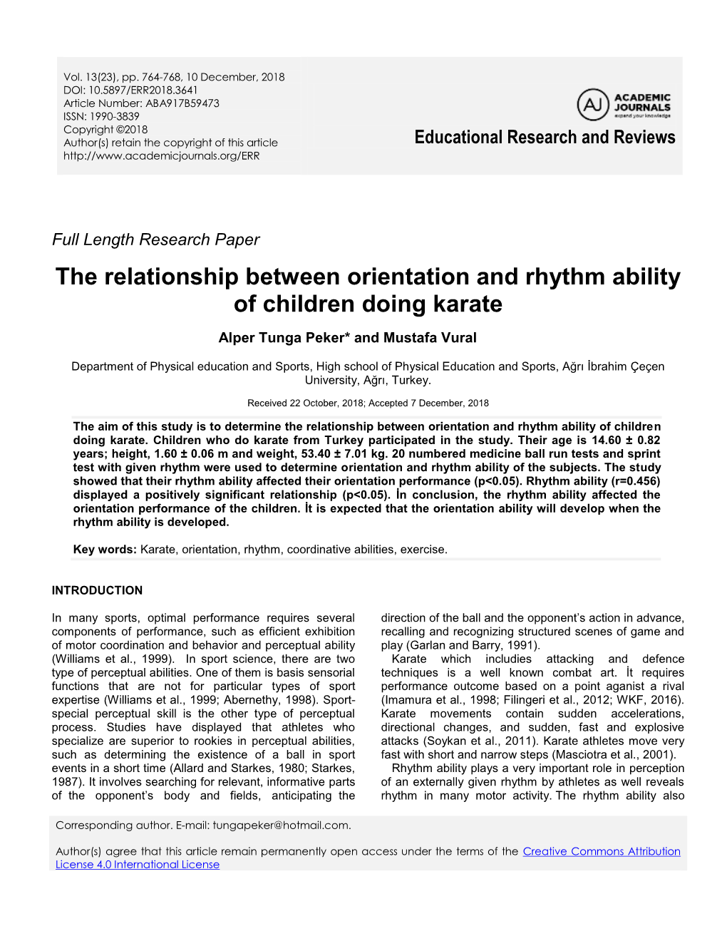 The Relationship Between Orientation and Rhythm Ability of Children Doing Karate