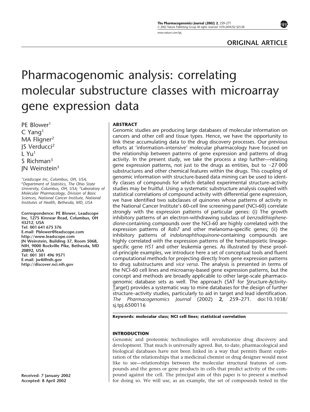 Pharmacogenomic Analysis: Correlating Molecular Substructure Classes with Microarray Gene Expression Data