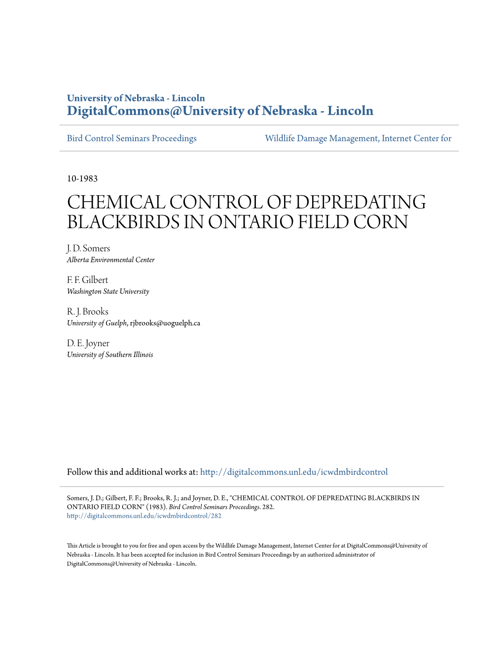 Chemical Control of Depredating Blackbirds in Ontario Field Corn J