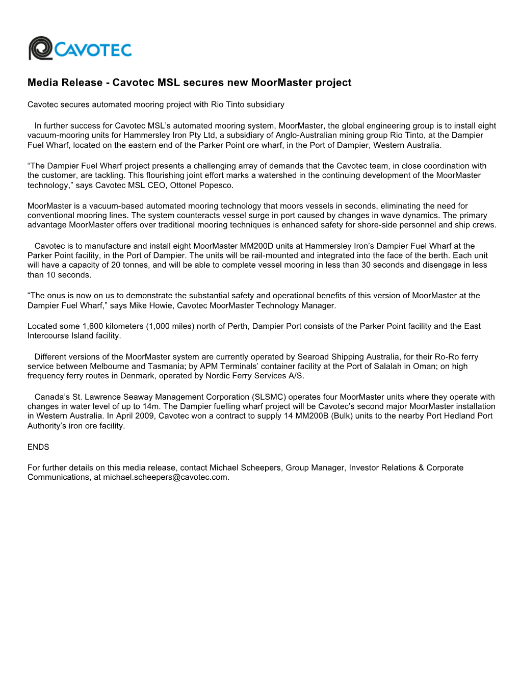 Media Release - Cavotec MSL Secures New Moormaster Project