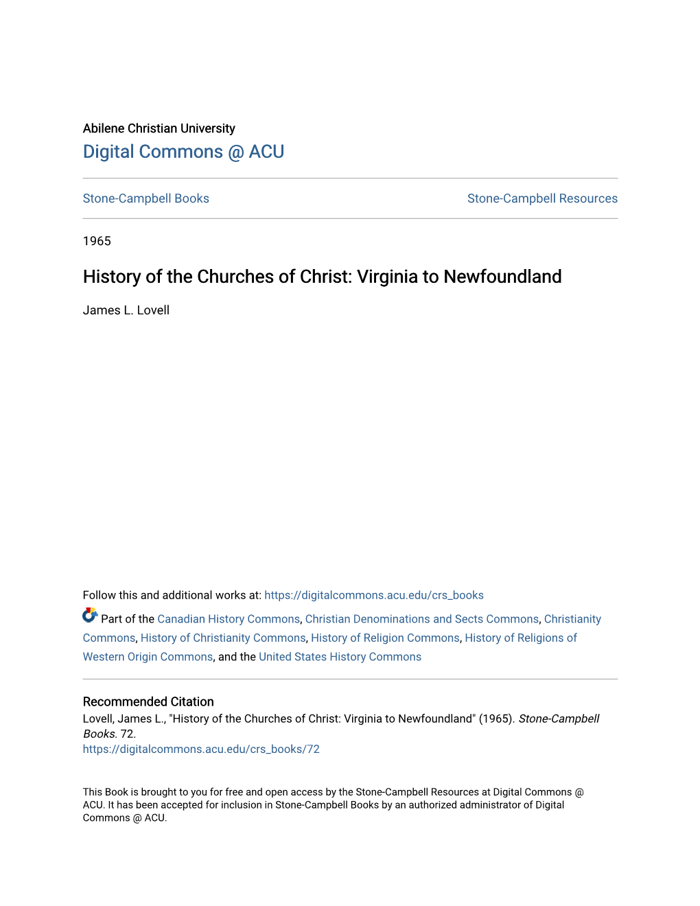 History of the Churches of Christ: Virginia to Newfoundland