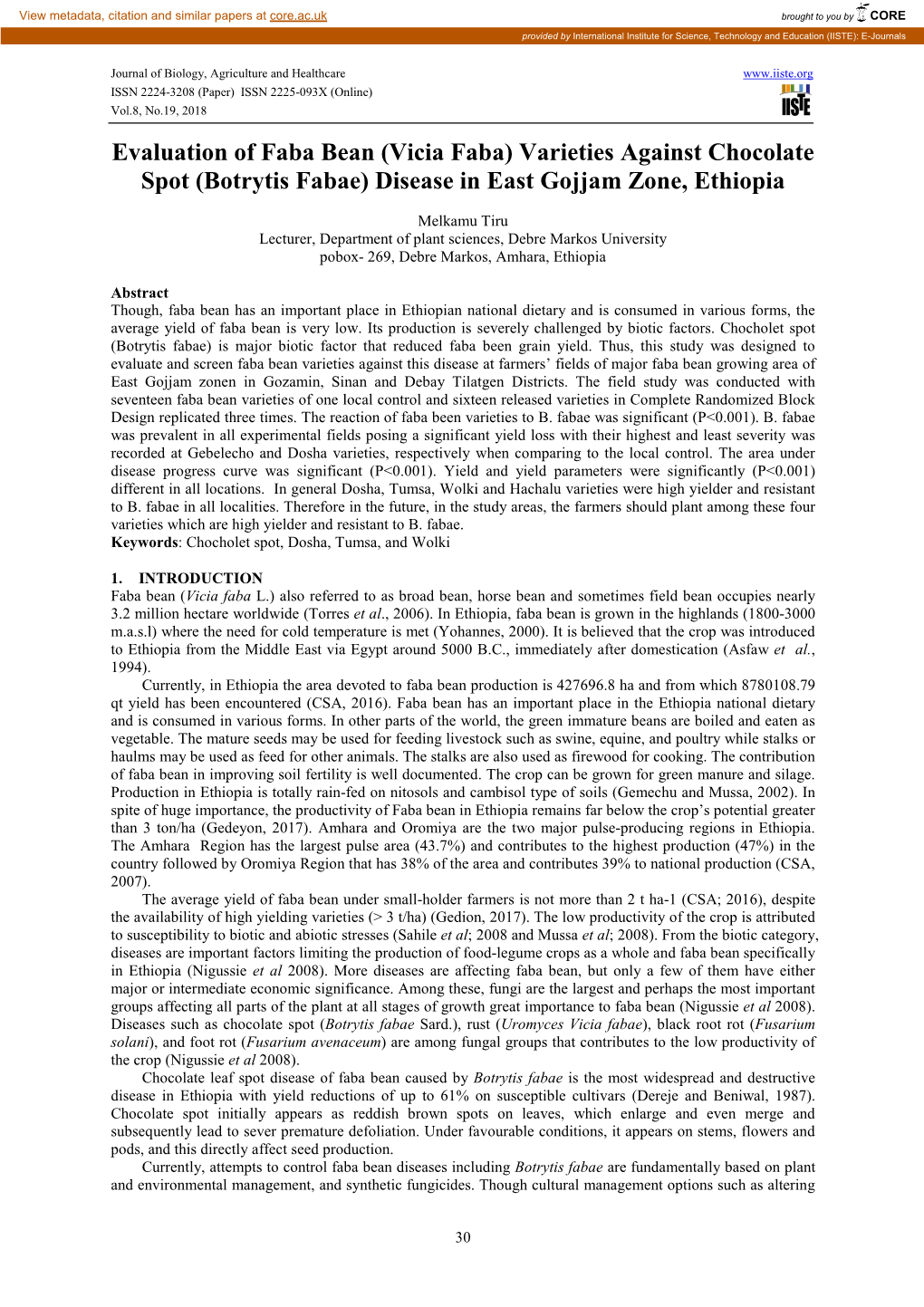 (Botrytis Fabae) Disease in East Gojjam Zone, Ethiopia