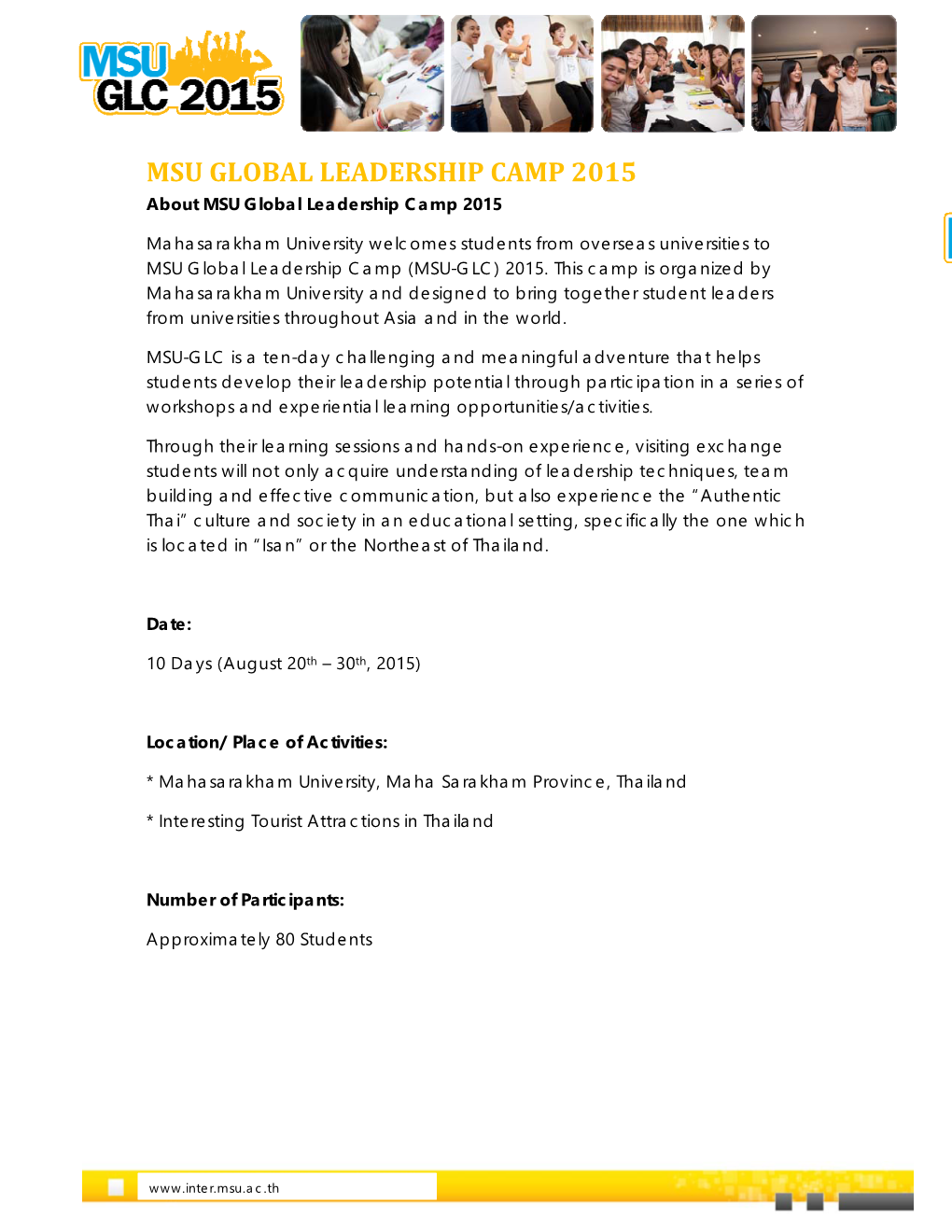 MSU GLOBAL LEADERSHIP CAMP 2015 About MSU Global Leadership Camp 2015