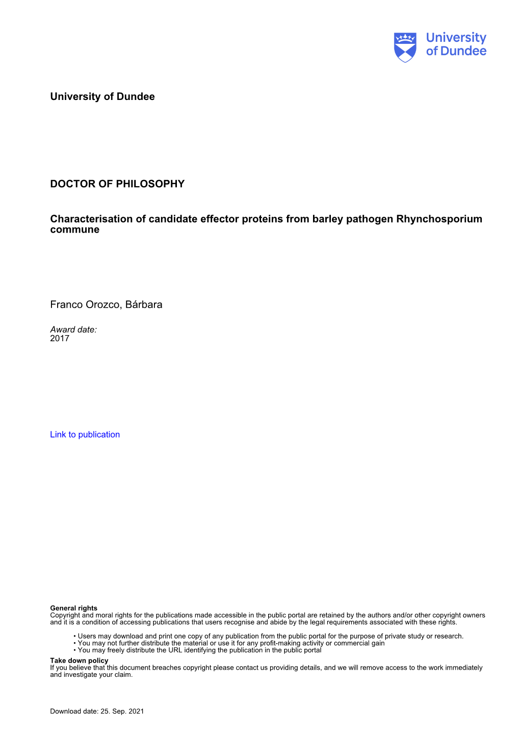 University of Dundee DOCTOR of PHILOSOPHY Characterisation of Candidate Effector Proteins from Barley Pathogen Rhynchosporium Co