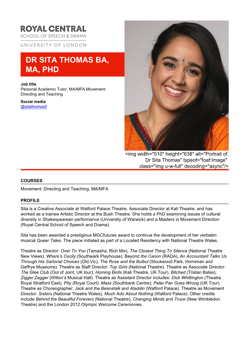 Dr Sita Thomas Ba, Ma, Phd