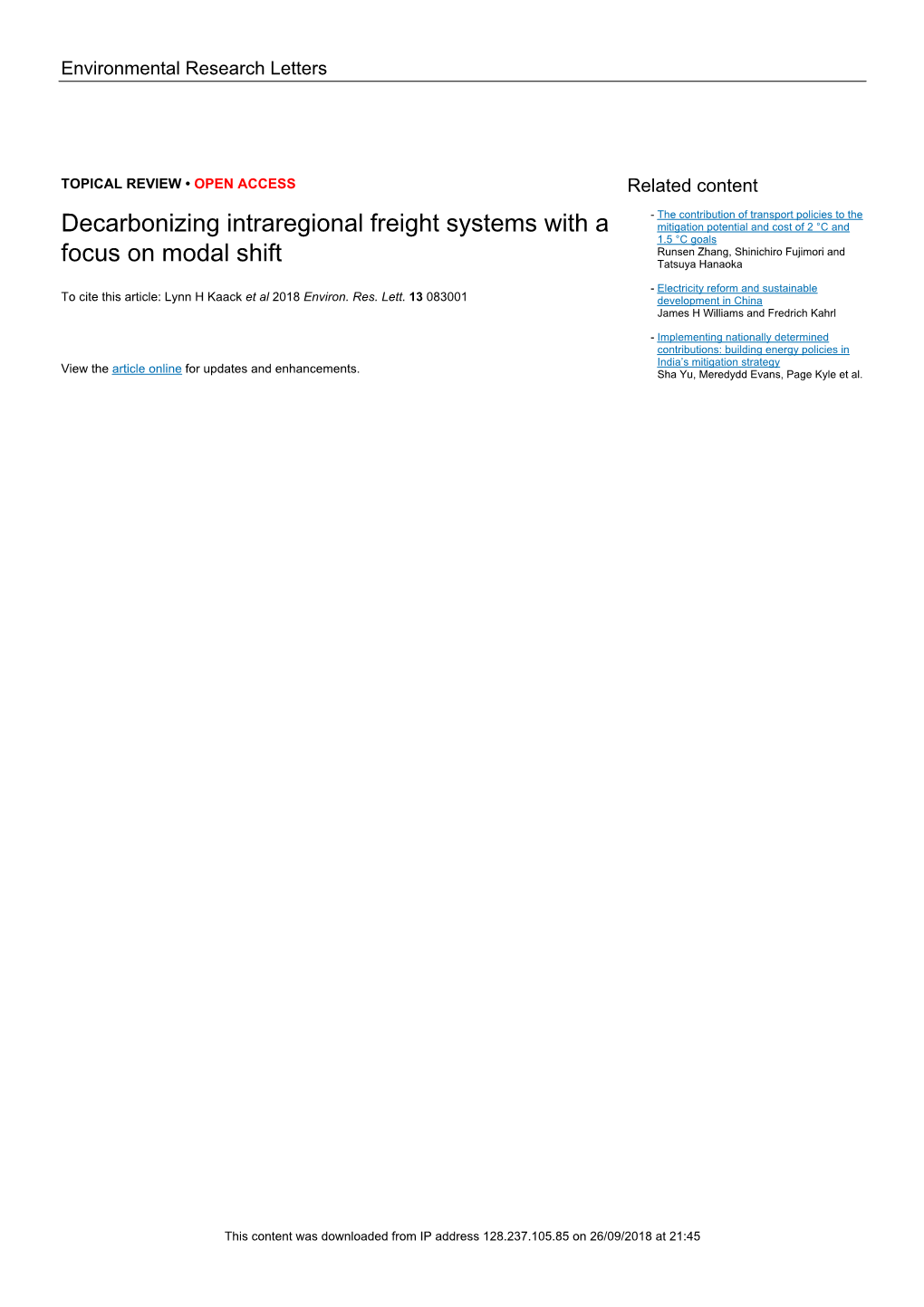 Decarbonizing Intraregional Freight Systems with a Focus on Modal Shift