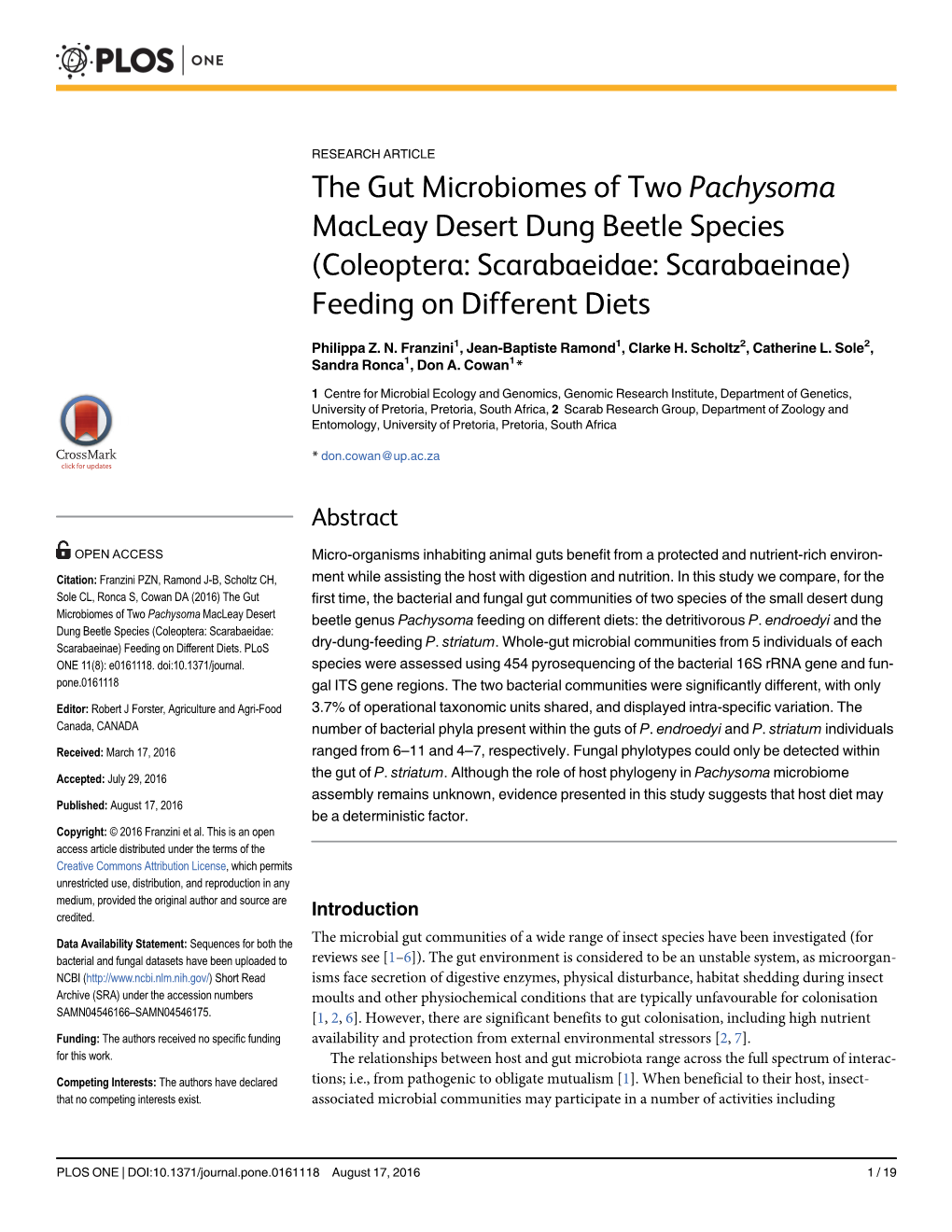 The Gut Microbiomes of Two Pachysoma Macleay Desert Dung Beetle Species (Coleoptera: Scarabaeidae: Scarabaeinae) Feeding on Different Diets