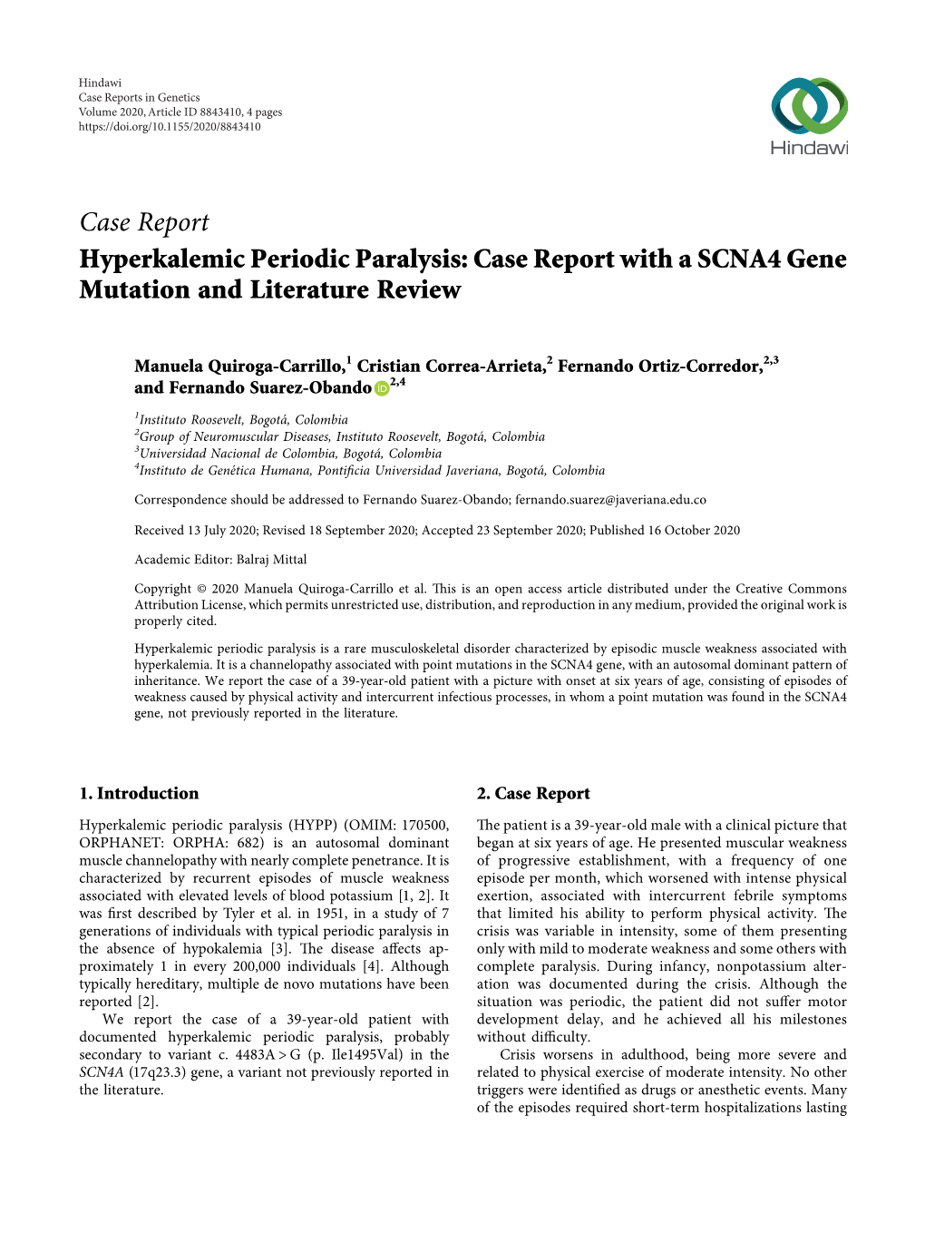 Hyperkalemic Periodic Paralysis: Case Report with a SCNA4 Gene Mutation and Literature Review