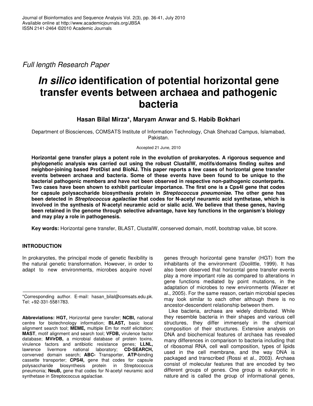 In Silico Identification of Potential Horizontal Gene Transfer Events Between Archaea and Pathogenic Bacteria