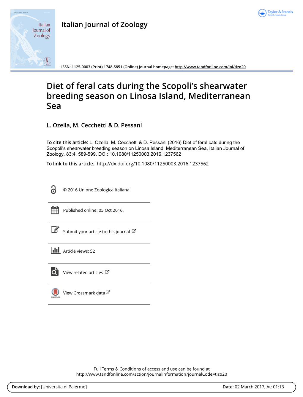 Diet of Feral Cats During the Scopoli's Shearwater