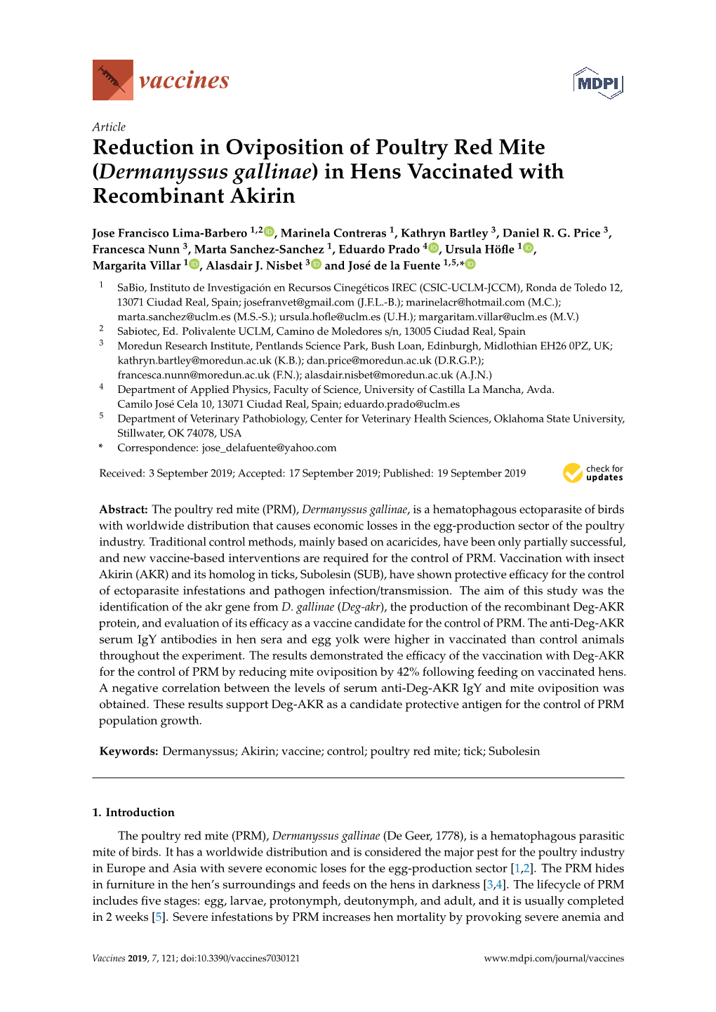 Dermanyssus Gallinae) in Hens Vaccinated with Recombinant Akirin