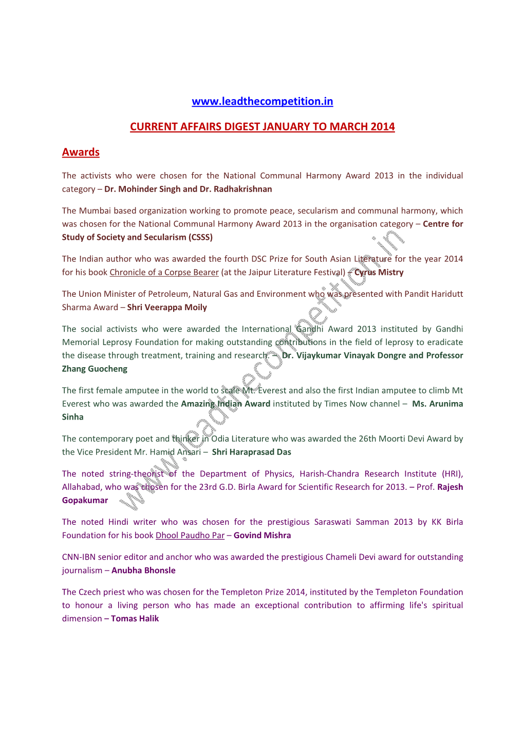 Current Affairs Digest Jan to Mar 14