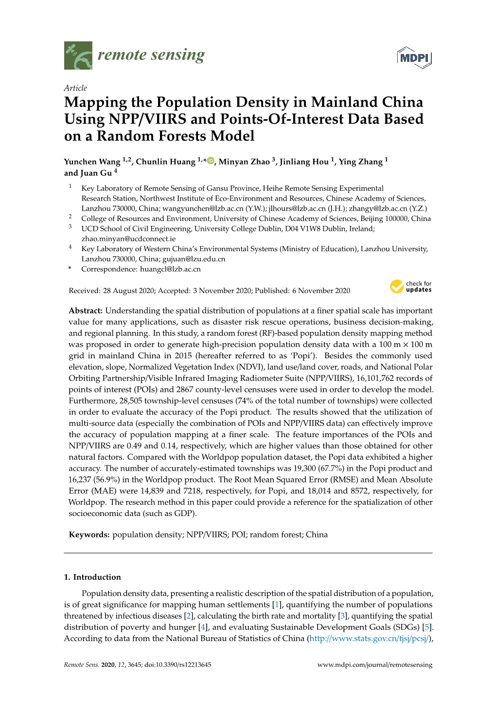 Mapping the Population Density in Mainland China Using NPP/VIIRS and Points-Of-Interest Data Based on a Random Forests Model