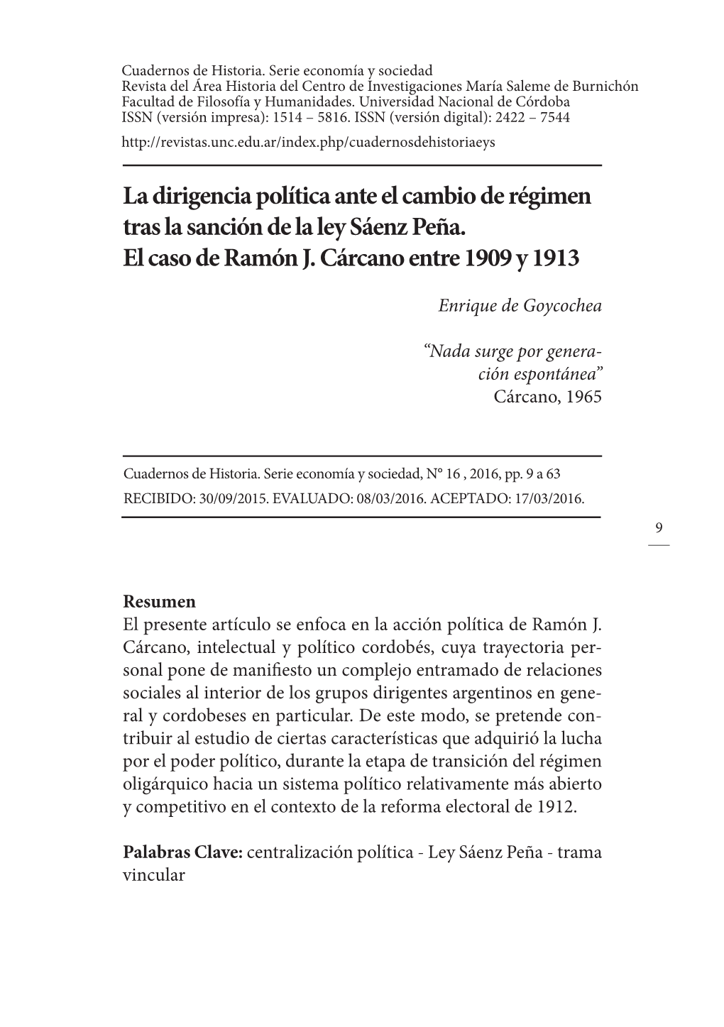 La Dirigencia Política Ante El Cambio De Régimen Tras La Sanción De La Ley Sáenz Peña