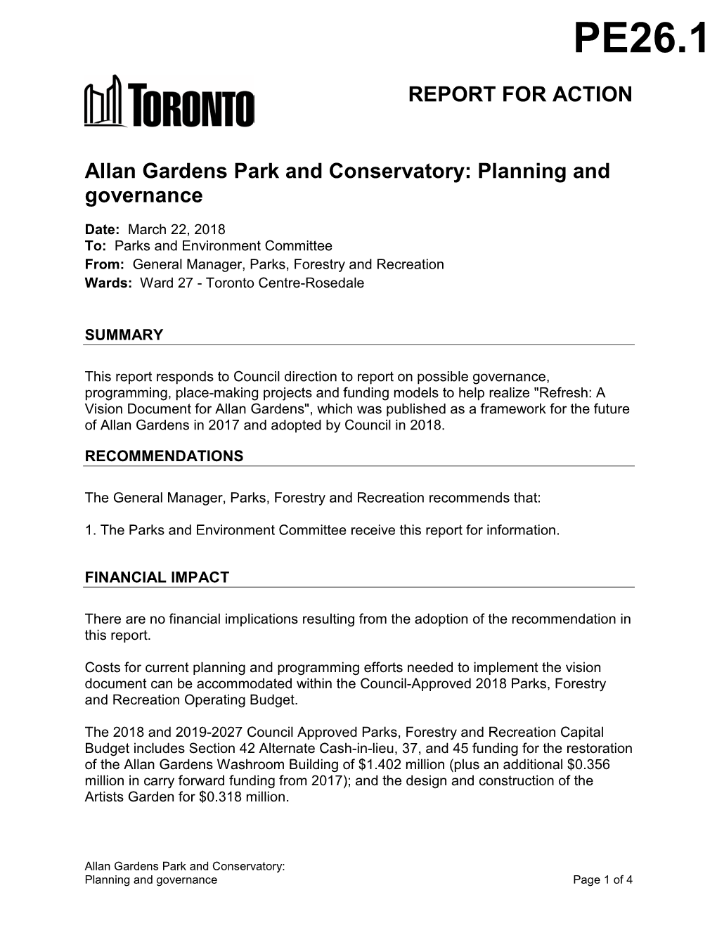 Allan Gardens Park and Conservatory: Planning and Governance