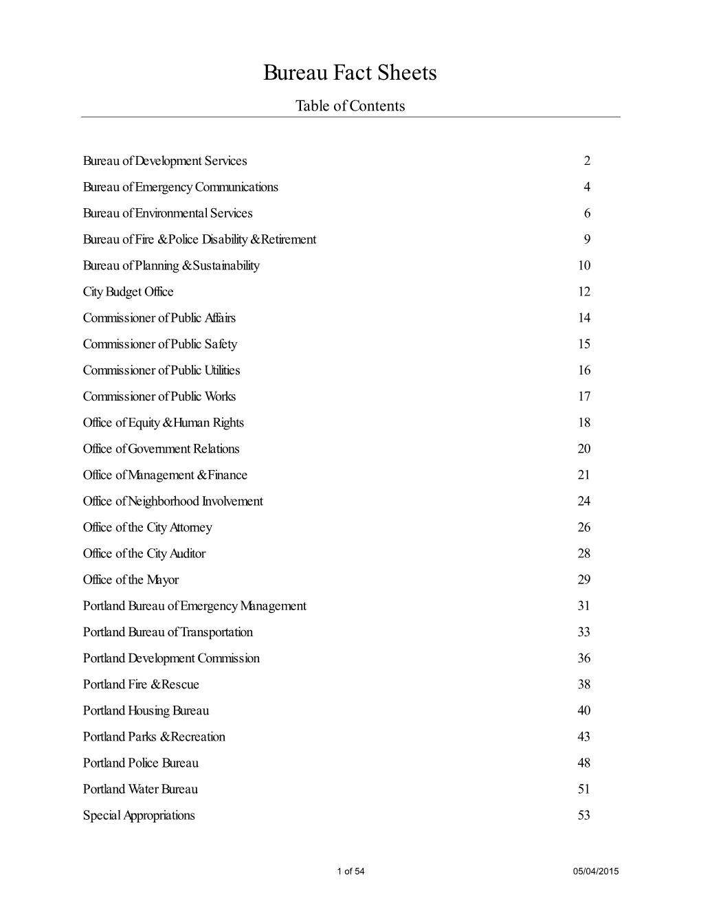 Bureau Fact Sheets Table of Contents