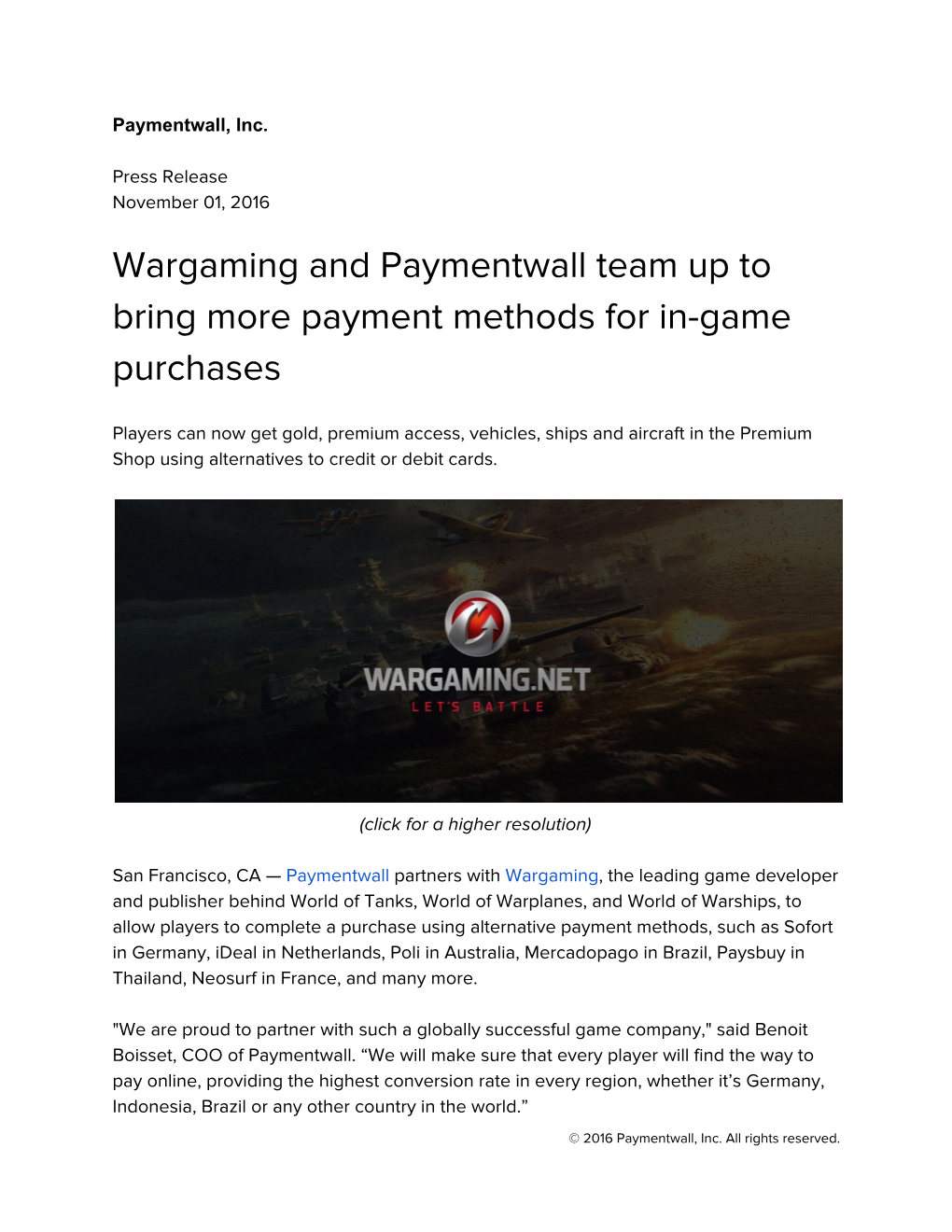Wargaming and Paymentwall Team up to Bring More Payment Methods for In-Game Purchases
