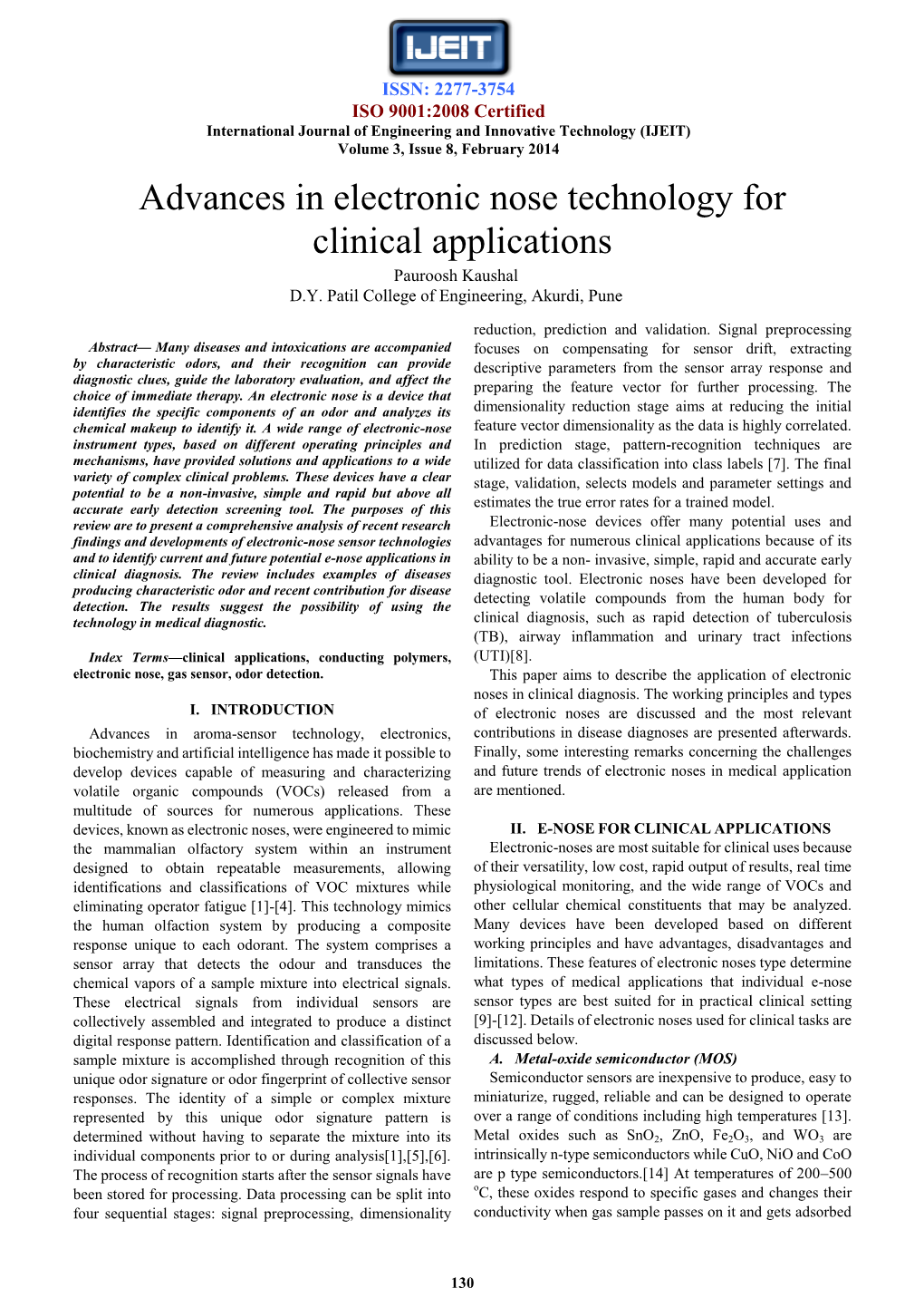 Advances in Electronic Nose Technology for Clinical Applications Pauroosh Kaushal D.Y