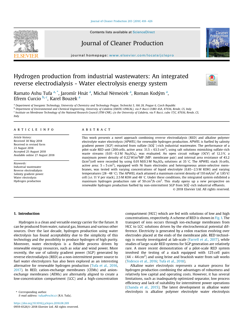 Hydrogen Production from Industrial Wastewaters: an Integrated Reverse Electrodialysis - Water Electrolysis Energy System