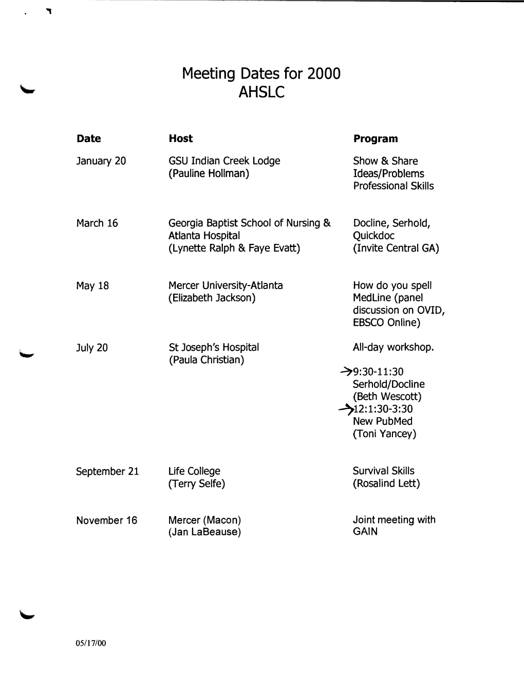 2000S AHSLC Meeting Minutes