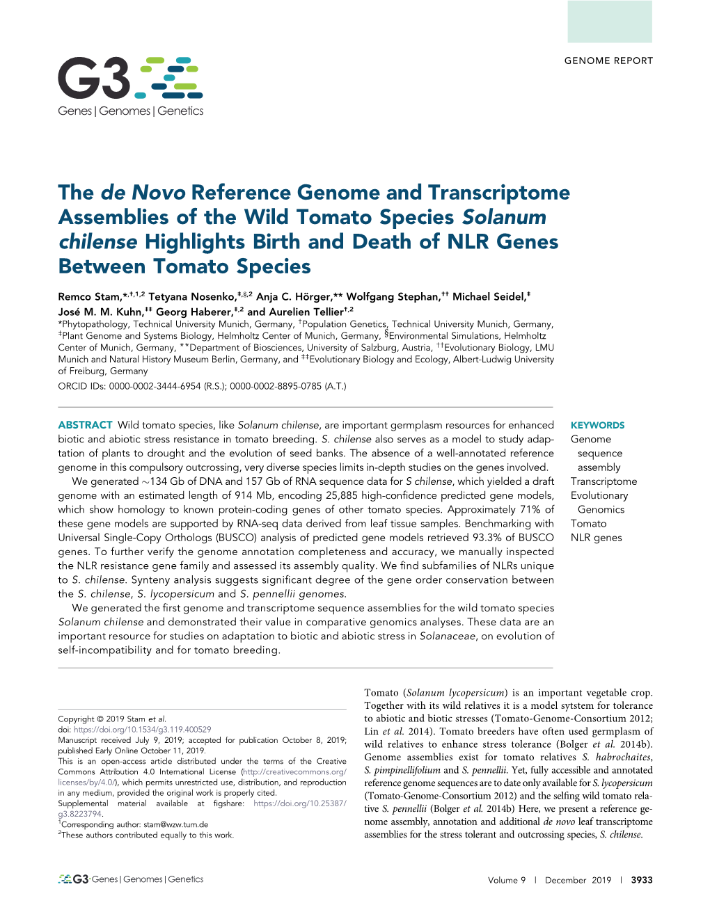 The De Novo Reference Genome and Transcriptome Assemblies of the Wild Tomato Species Solanum Chilense Highlights Birth and Death of NLR Genes Between Tomato Species