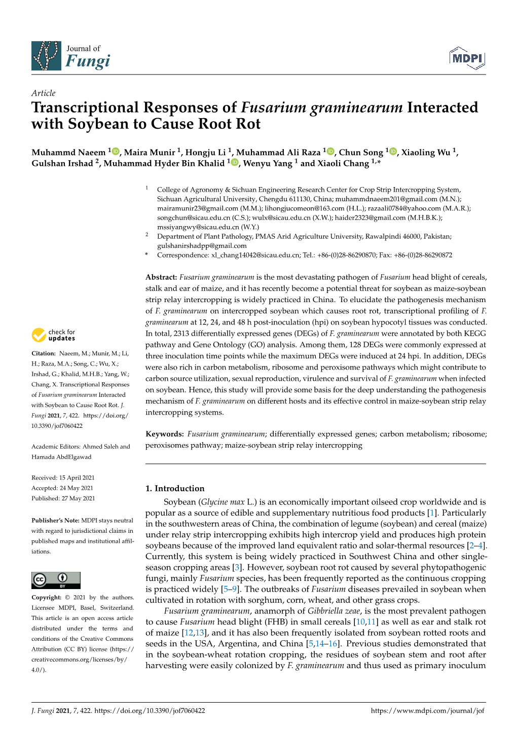 Transcriptional Responses of Fusarium Graminearum Interacted with Soybean to Cause Root Rot