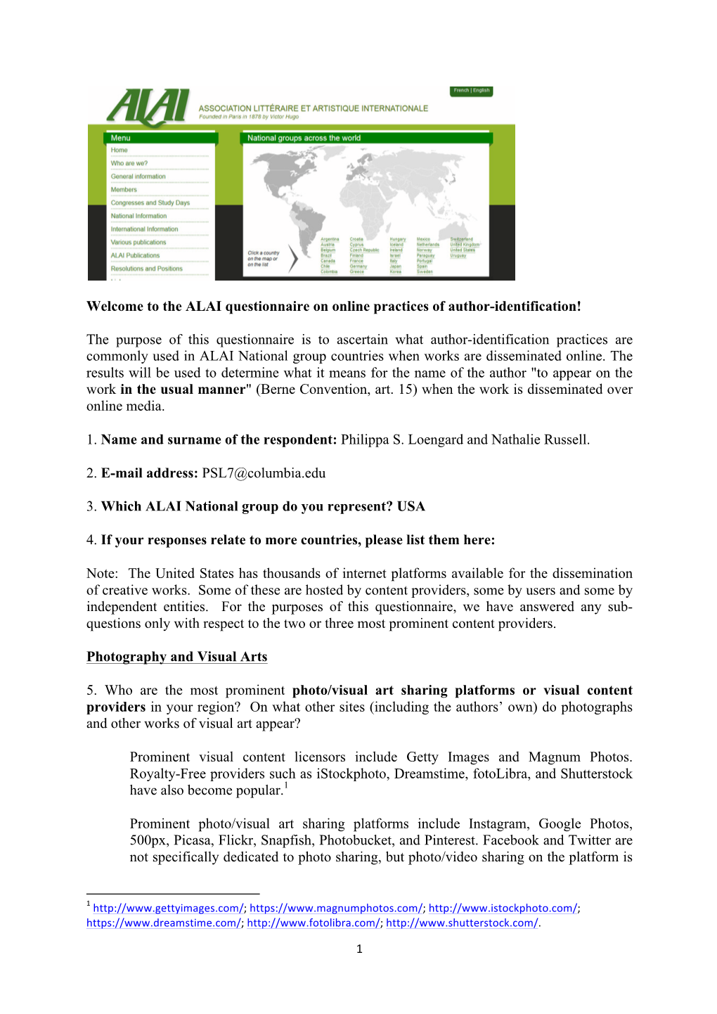 Welcome to the ALAI Questionnaire on Online Practices of Author-Identification! the Purpose of This Questionnaire Is to Ascertai