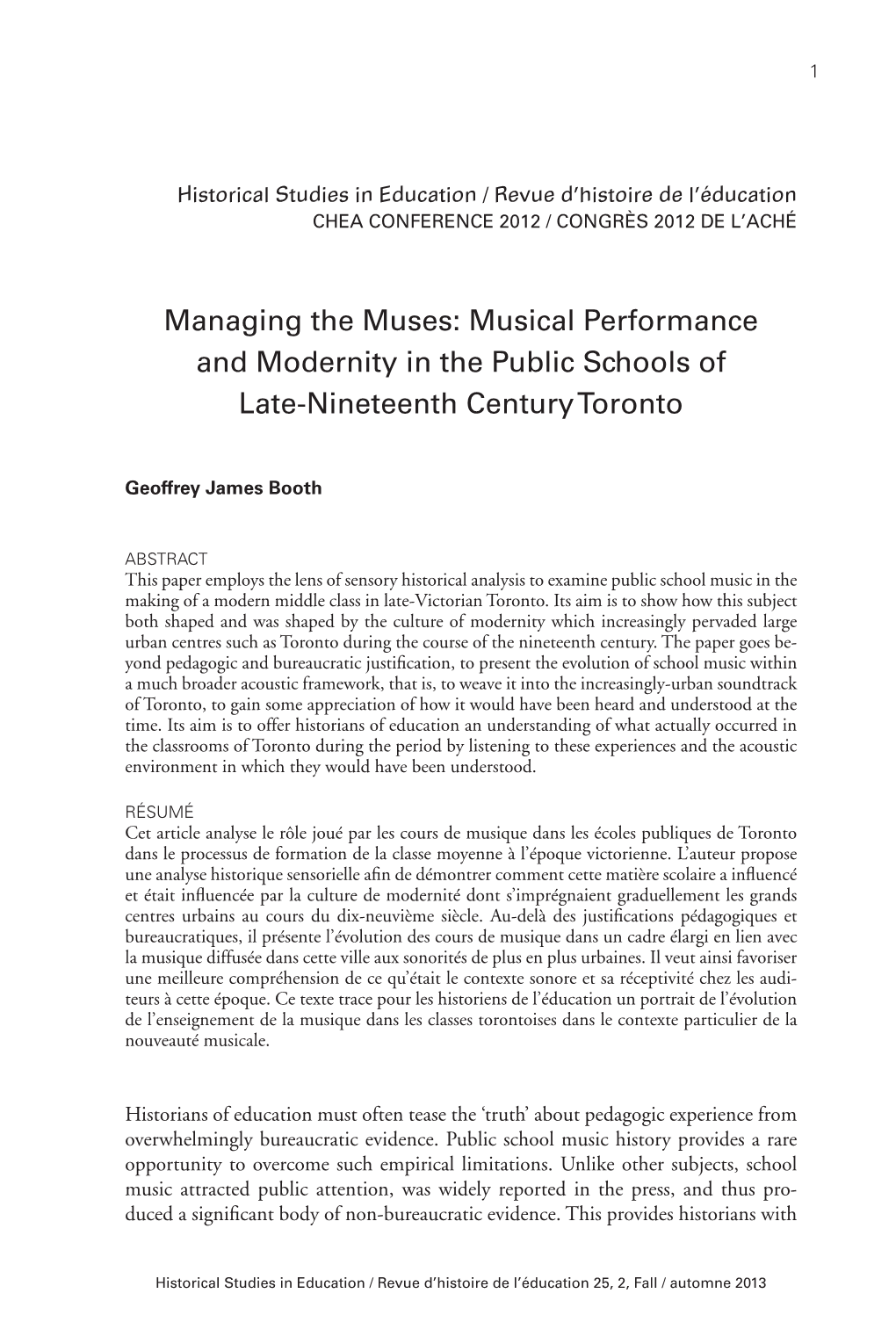 Musical Performance and Modernity in the Public Schools of Late-Nineteenth Century Toronto