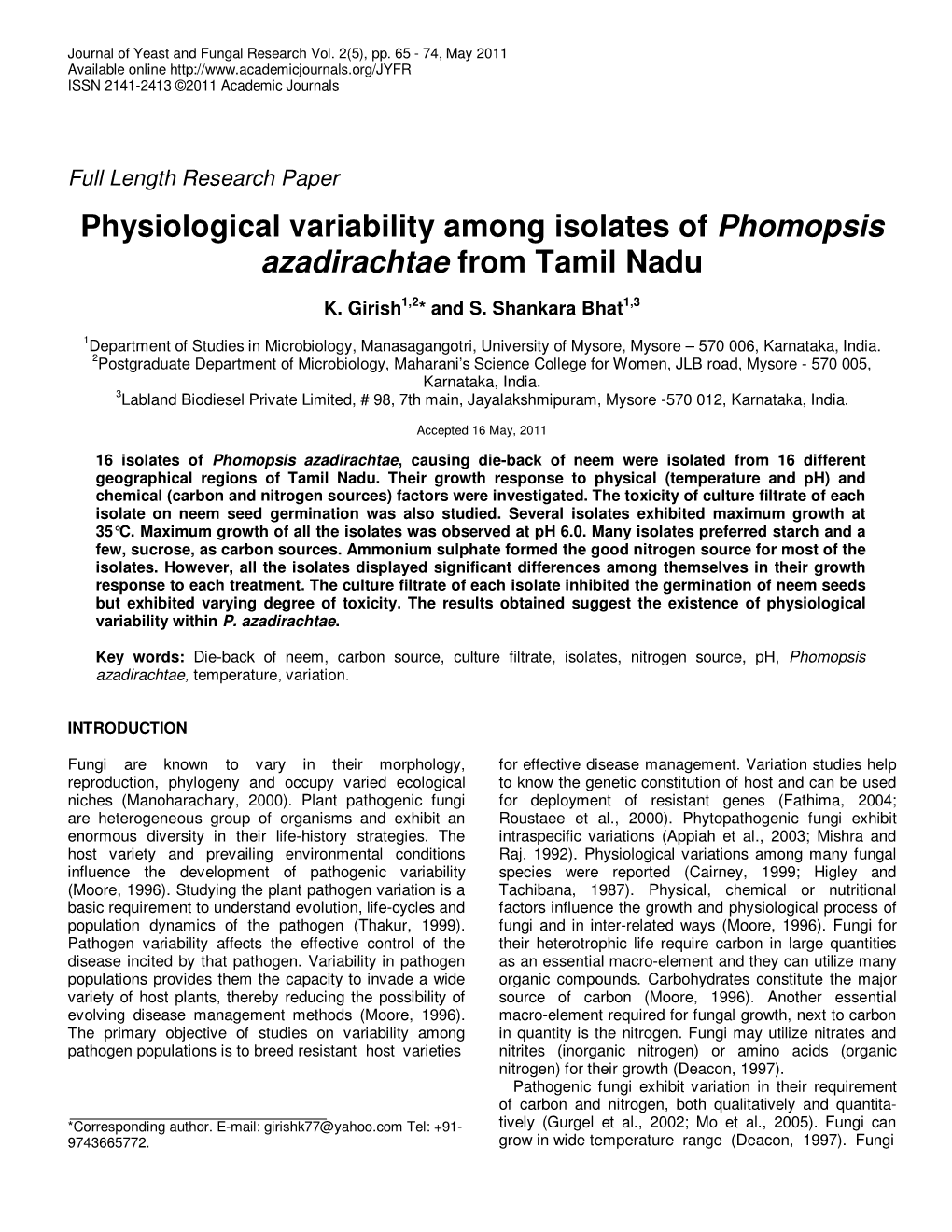 Physiological Variability Among Isolates of Phomopsis Azadirachtae from Tamil Nadu