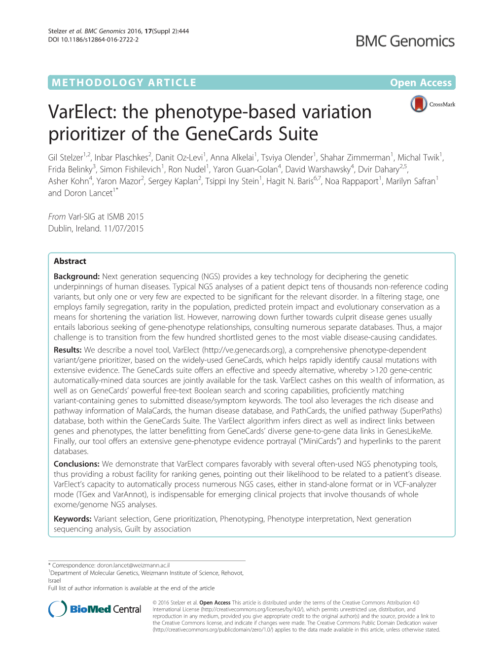 Varelect: the Phenotype-Based Variation Prioritizer of the Genecards Suite