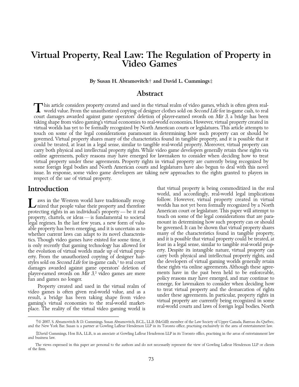 The Regulation of Property in Video Games