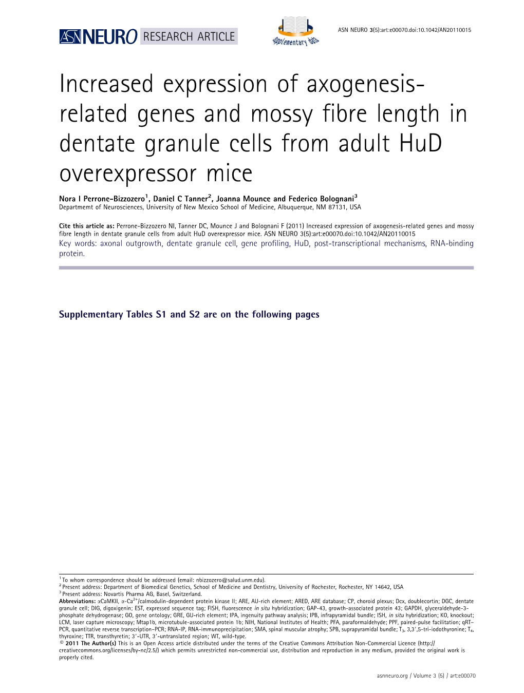 Related Genes and Mossy Fibre Length in Dentate Granule Cells from Adult Hud Overexpressor Mice