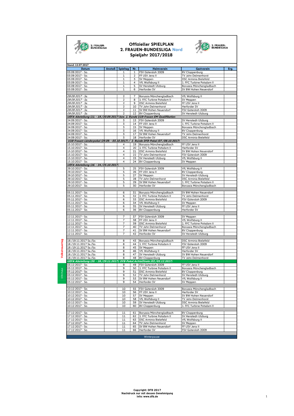 Offizieller Spielplan 2. FBL Nord 17-18