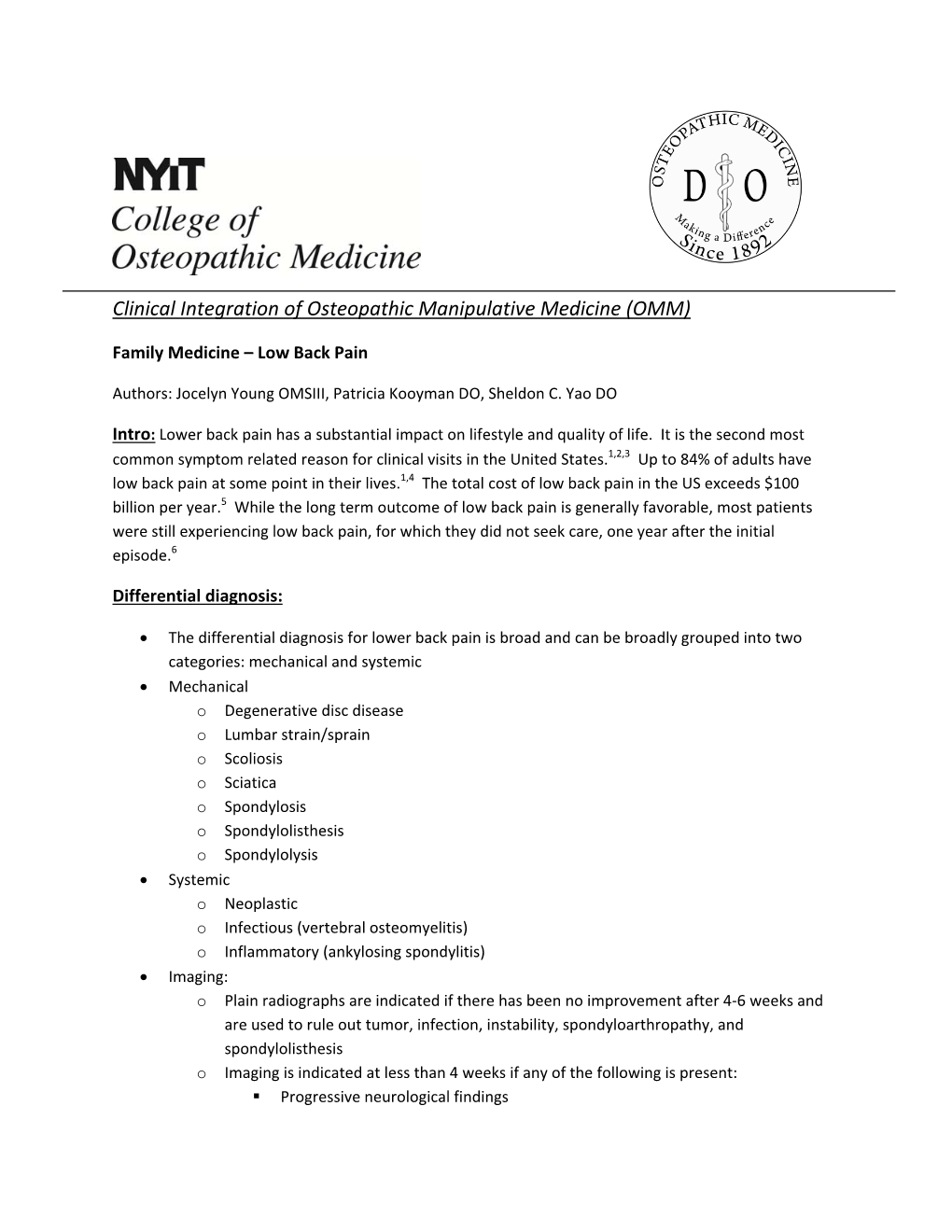 Clinical Integration of Osteopathic Manipulative Medicine (OMM)