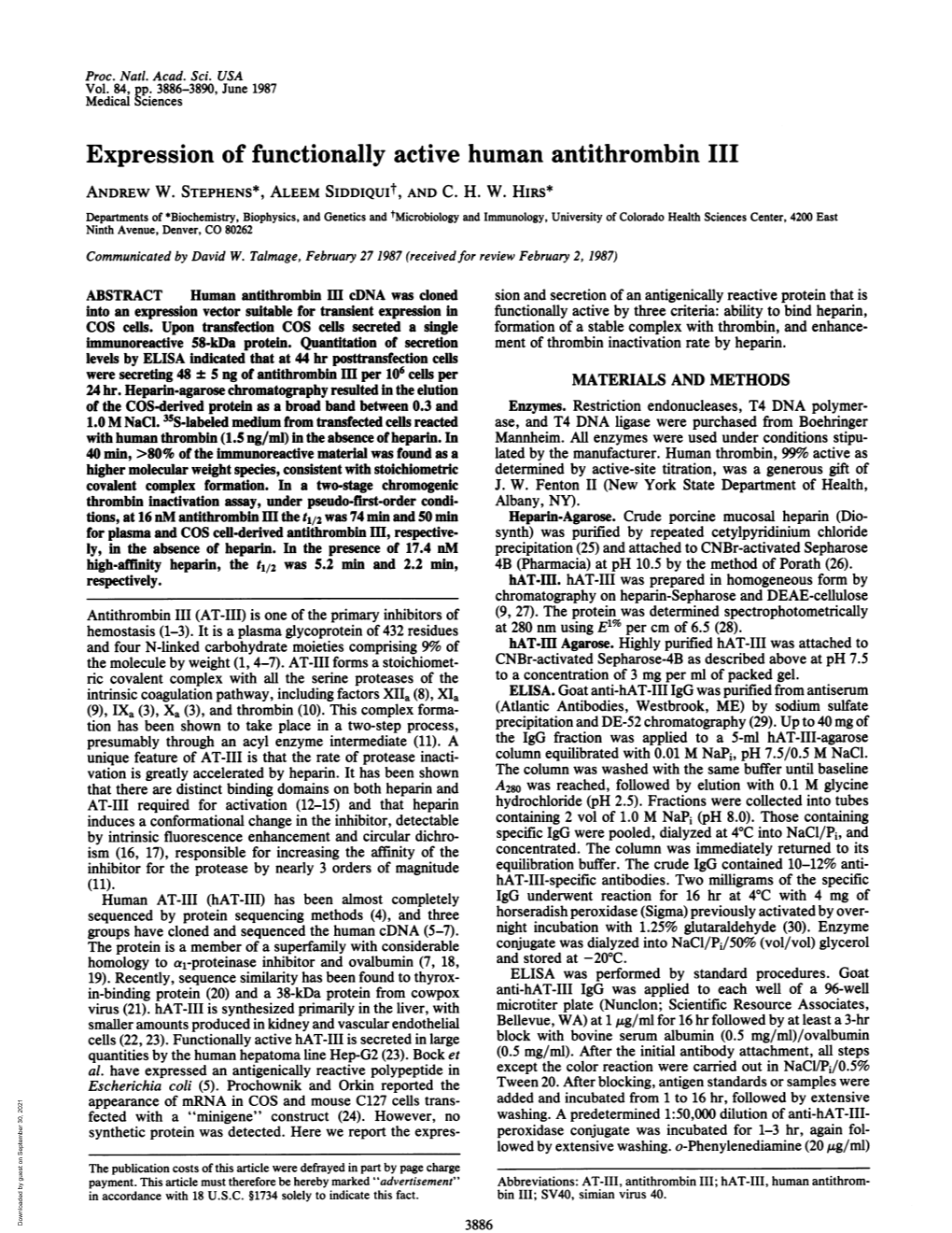 Expression of Functionally Active Human Antithrombin III ANDREW W