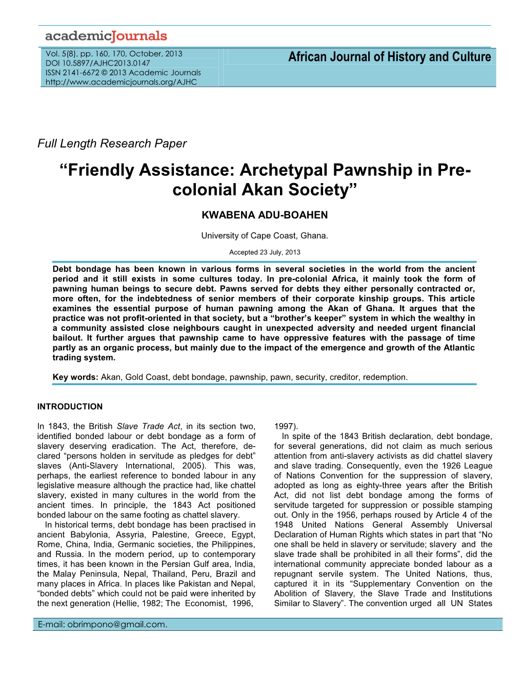 Friendly Assistance: Archetypal Pawnship in Pre- Colonial Akan Society”