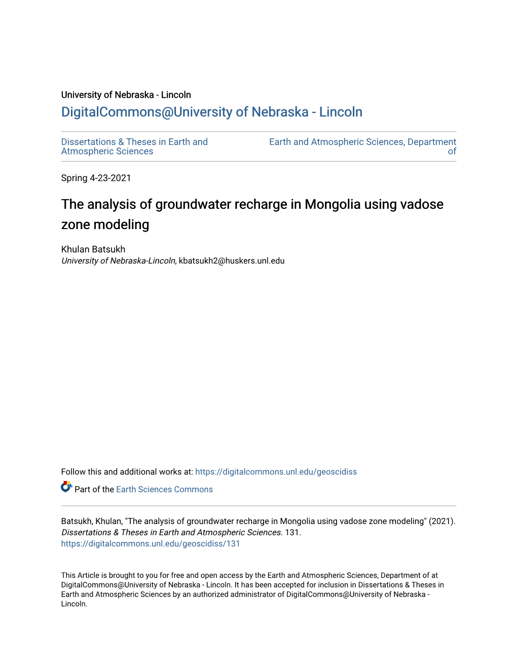 The Analysis of Groundwater Recharge in Mongolia Using Vadose Zone Modeling