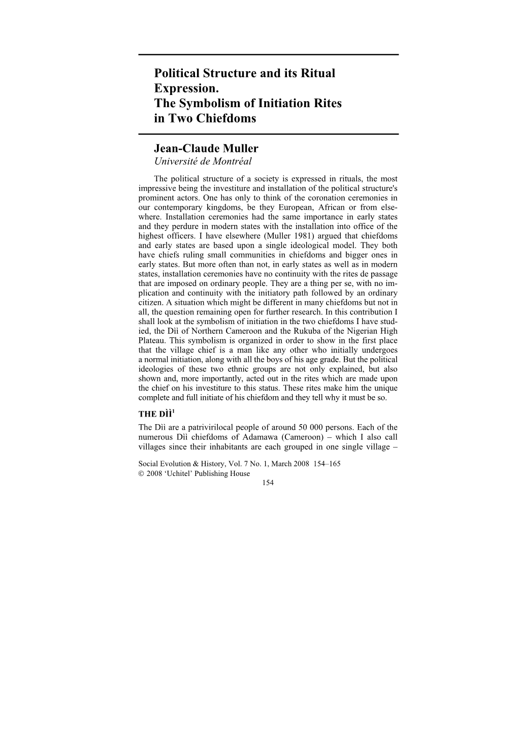 Political Structure and Its Ritual Expression. the Symbolism of Initiation Rites in Two Chiefdoms