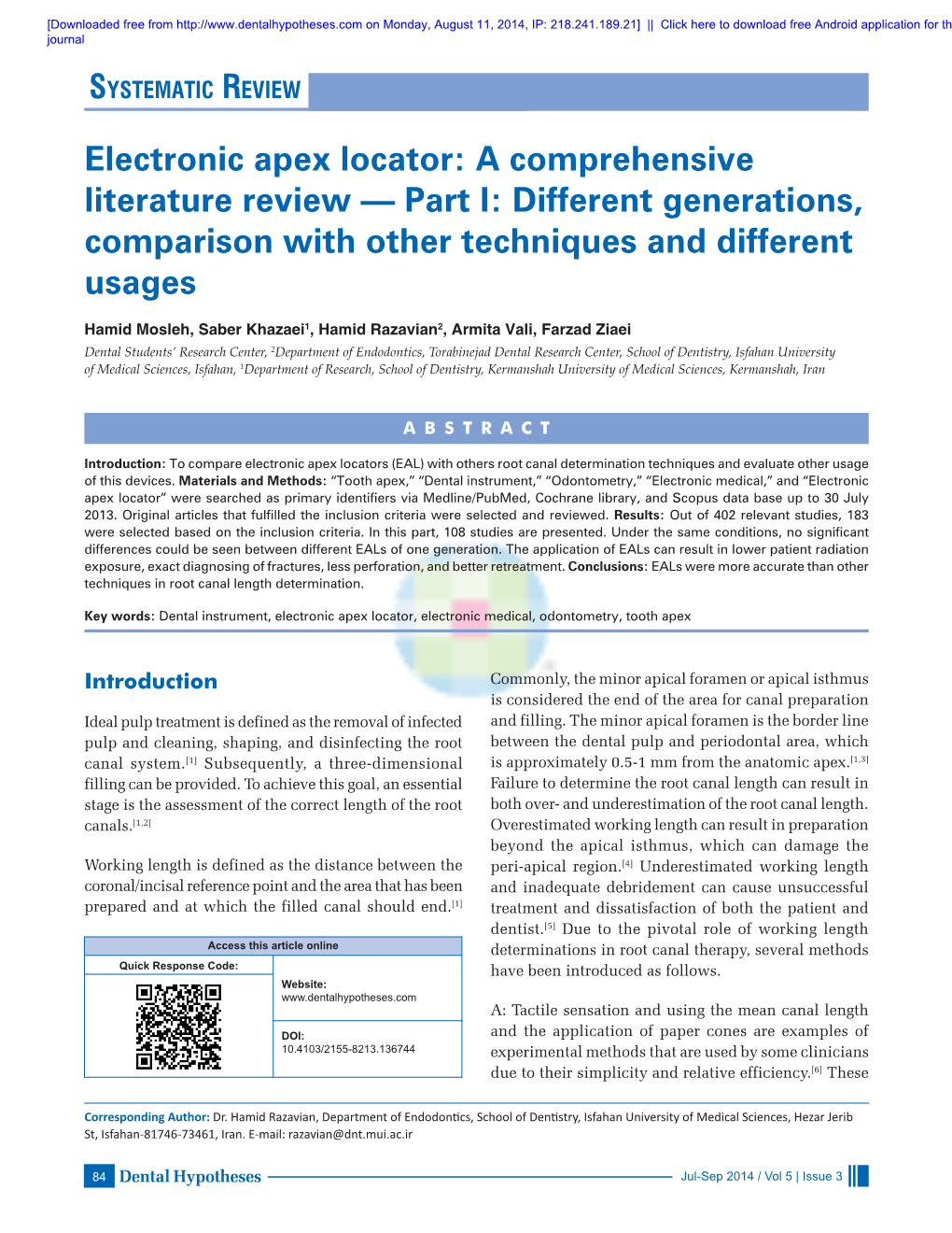 Electronic Apex Locator: a Comprehensive Literature Review — Part I: Different Generations, Comparison with Other Techniques and Different Usages